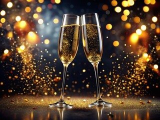 Sparkling New Year's Eve Toast: Champagne Glasses Clinking with Golden Bubbles and Confetti