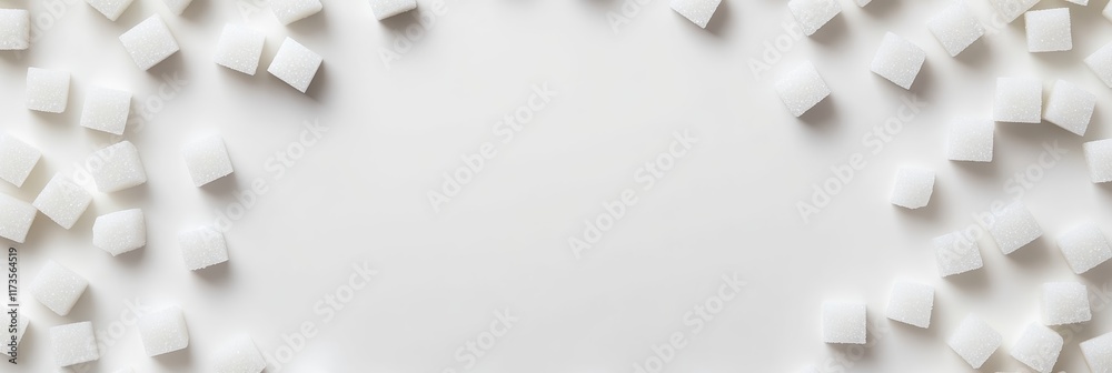Poster Scattered white sugar cubes create a frame on a white surface, symbolizing sugar reduction and the dangers of excessive consumption