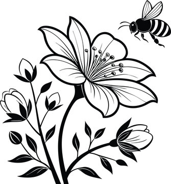 A flower and bee silhouette vector illustration, A flower and bee vector, A flower and bee line art vector