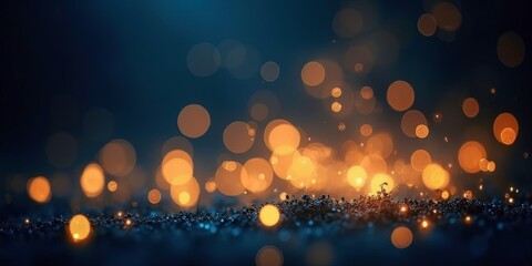 Nighttime Glow: A mesmerizing abstract backdrop of warm golden bokeh lights scattered across a deep blue surface, perfect for showcasing luxury, elegance, and the beauty of nighttime illumination.  