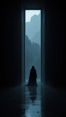 Fototapeta premium A lone figure stands at the entrance to an unknown realm with a mysterious, futuristic vibe.