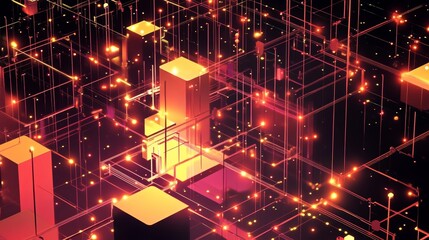Obraz premium Explore a vibrant isometric design showcasing an abstract network structure with glowing data connections in a 3D space.