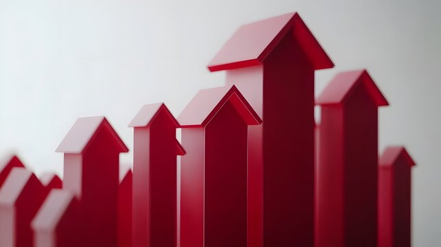 Ascending Red Graph with 3D Houses Showcasing Rising Housing Market Trend