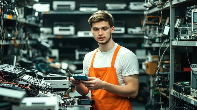 A worker in an industrial apron sorts discarded smartphones, with a background of old gaming consoles, DVD players, and tangled cords stacked high