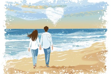 A young couple in love, painted in watercolor, walks along the seashore. the concept of Valentine's day. a place to copy