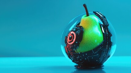 Green pear with technological enhancements encased in transparent sphere