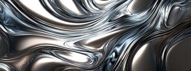 Obraz premium Liquid metal surface, flowing chrome waves, abstract metallic texture, sleek futuristic design, high contrast reflections, smooth silvery curves, dynamic fluid motion, glossy aluminum aesthetic, sci-f