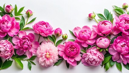 Fototapeta premium Spring Floral Border: Pink Peonies Flat Lay on White Background - Perfect for Text