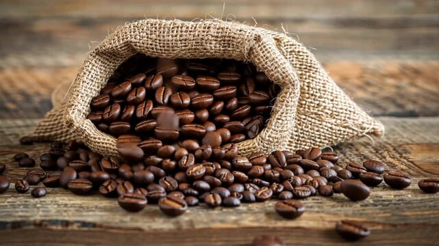 Freshly roasted coffee beans spill from burlap sack onto rustic wooden surface, filling air with rich aroma, creating warm and inviting atmosphere for coffee lovers.