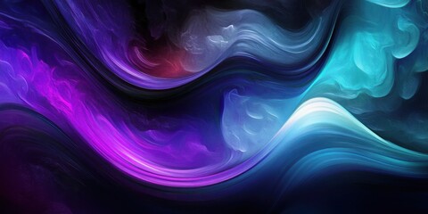 Fototapeta premium Abstract waves, flowing curves, vibrant colors, teal and purple, smooth gradients, dark background, glossy texture, dynamic composition, 3D rendering, digital art, futuristic design, sleek aesthetic, 