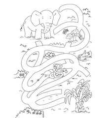 Cute cartoon hand drawn vector elephant find the sugarcane maze coloring page.