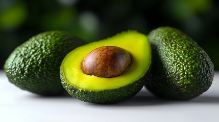 Ripe avocados on white background, green foliage blur.  Healthy food photography for recipe blogs.