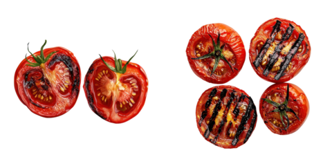 Grilled tomatoes with charred skin, juicy interior, and vibrant color