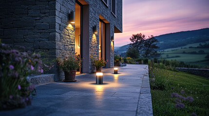 Modern house patio illuminated at sunset with valley view