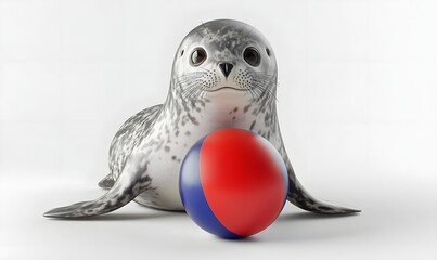 Fototapeta premium Seal pup with a colorful beach ball on a white background.