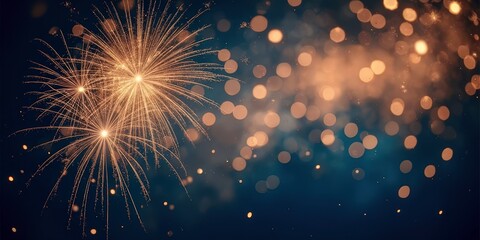 Fototapeta premium Golden Fireworks: A breathtaking display of golden fireworks illuminates the night sky, creating a magical and celebratory atmosphere. The bokeh effect adds a touch of wonder and enchantment.Christmas