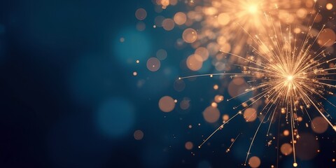 Sparkling Celebration: A single sparkler bursts into a radiant spectacle against a deep blue background, its warm glow casting a mesmerizing array of bokeh circles.  The image captures the joy.new yea