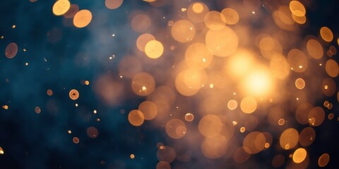 Obraz premium Golden Bokeh Lights: Abstract background image of warm golden bokeh lights on a dark blue background. Perfect for adding a touch of magic to your designs. new year, Diwali festival 