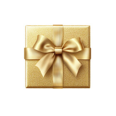 Gold gift box with a satin ribbon bow, perfect for elegant gift presentations during holidays, celebrations, or special occasions. Isolated on transparent background, png.