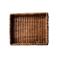 Rectangular woven rattan tray with a braided edge, showcasing traditional craftsmanship. Ideal for serving, home decor, or as a decorative element. Isolated on transparent background, png.