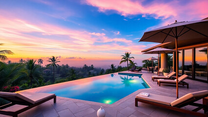 Fototapeta premium Luxury Villa Escape: Poolside Views of the Ocean and Palm Trees