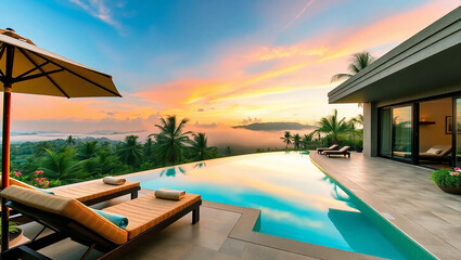 Fototapeta premium Luxury Villa Escape: Poolside Views of the Ocean and Palm Trees