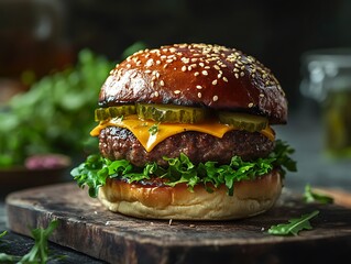 Close-Up of a Juicy Cheeseburger with Melted Cheese, Fresh Lettuce, Tomato, Pickles, and Sesame Seed Bun, Perfect for Food Advertising and Menus