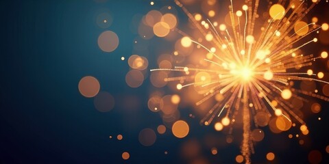 Fototapeta premium Sparkling Celebration: A single sparkler ignites against a deep blue backdrop, its fiery brilliance casting a mesmerizing array of warm, golden bokeh. It evokes a sense of joy, festivity.new year, Diw