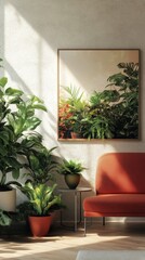 Fototapeta premium Sunlit living room with lush indoor plants, red sofa, and modern art, creating a cozy and inviting atmosphere.