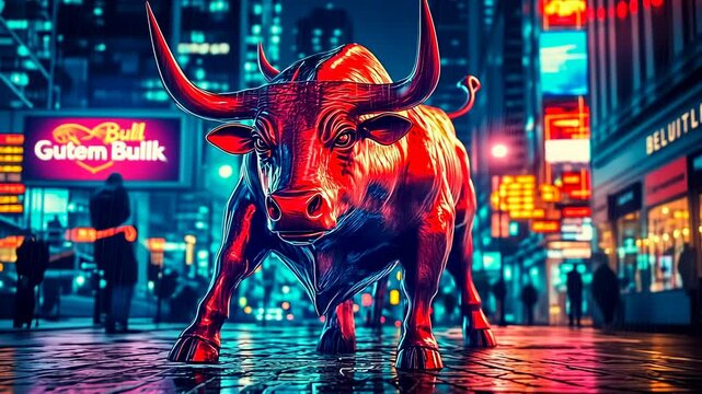 A striking bull sculpture stands boldly in a lively urban setting at night. The scene features glowing skyscrapers, highlighting themes of ambition, strength, and finance, evoking a powerful mood.