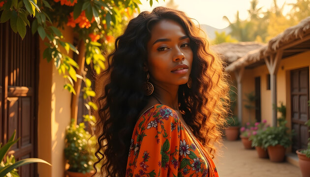 A photo of a voluptuous black Asian woman in a bohemian style