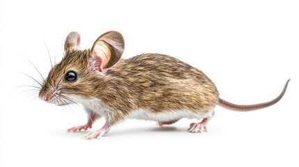 A small, realistic mouse with brown fur, positioned on a white background.