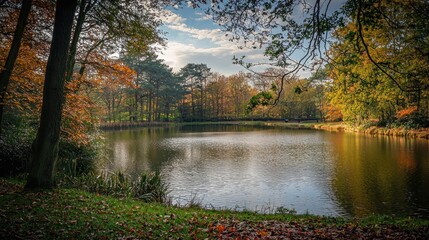 Fototapeta premium Autumnal Serenity: A Tranquil Lake Surrounded by Colorful Fall Foliage