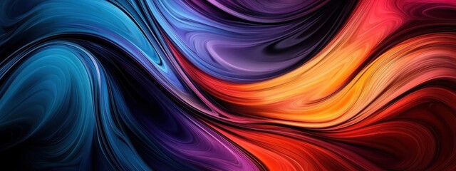 Obraz premium Abstract waves, vibrant colors, fluid motion, dynamic curves, blue orange purple gradients, flowing energy, organic shapes, smooth blending, digital art, colorful swirls, glossy texture, futuristic de