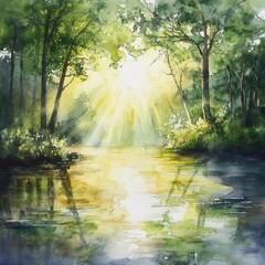 A breathtaking watercolor depicting light streaming through lush trees, reflecting beautifully on a serene water surface. Ideal for nature lovers.
