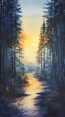A serene watercolor scene depicting a gentle river meandering through a tranquil forest at sunrise. The soft light creates a soothing atmosphere.