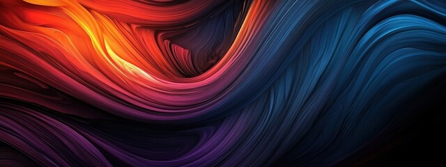 Abstract waves, vibrant colors, fluid motion, dynamic curves, blue orange purple gradients, flowing energy, organic shapes, smooth blending, digital art, colorful swirls, glossy texture, futuristic de