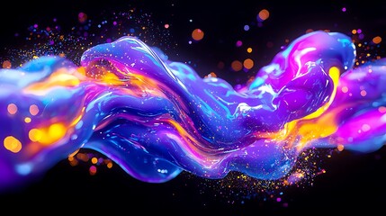 Abstract vibrant blue, purple, and orange liquid flowing in a wave-like pattern on black background with glowing particles.