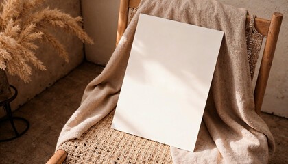 Blank canvas resting on woven chair with linen fabric