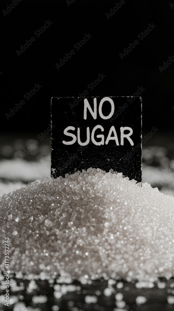 Poster conceptual image promoting sugar free lifestyle featuring pile of white granulated sugar with no sug