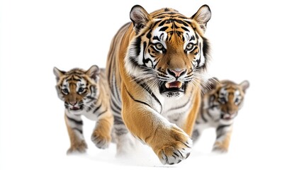 Obraz premium A powerful tiger leading two cubs, showcasing strength and family in the wild.