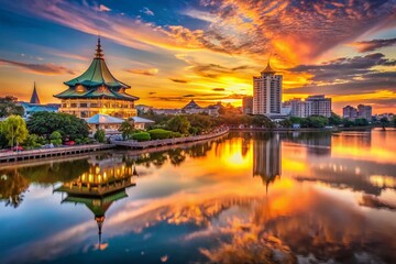Obraz premium Stunning Panoramic View of Astana Kuching Sarawak Malaysia Skyline at Sunset