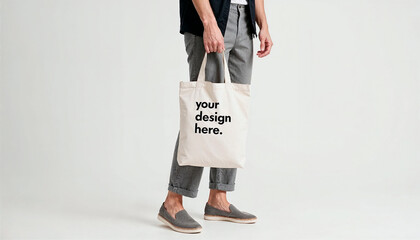 Tote bag with black text hanging on a plain walls