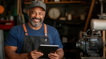 Fototapeta premium Smiling african male adult mechanic with tablet in workshop.