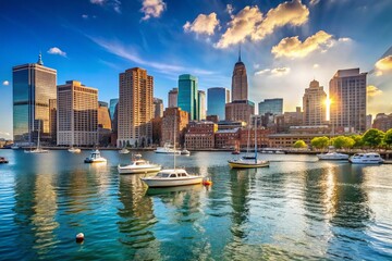 Obraz premium Stunning Summer Boston Harbor View: Iconic Skyline & Boats
