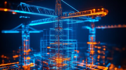 A vibrant digital illustration of a construction site with glowing blue and orange cranes, showcasing a futuristic architectural framework.