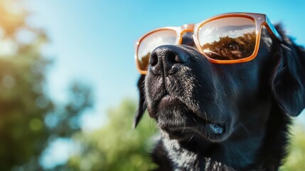 A black dog with sleek orange sunglasses poses confidently amidst nature, embodying style, poise, and a laid-back vibe that harmonizes with the sunlit backdrop.