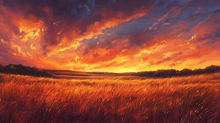 Obraz premium A vibrant sunset over a golden field, showcasing nature's beauty and tranquility.