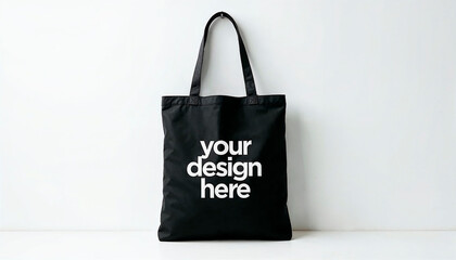 Black Tote Bag with White Design on White Background