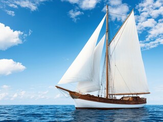 Fototapeta premium Beautiful classic wooden sailboat navigating through calm azure waters under a bright blue sky with fluffy clouds, symbolizing adventure and tranquility at sea